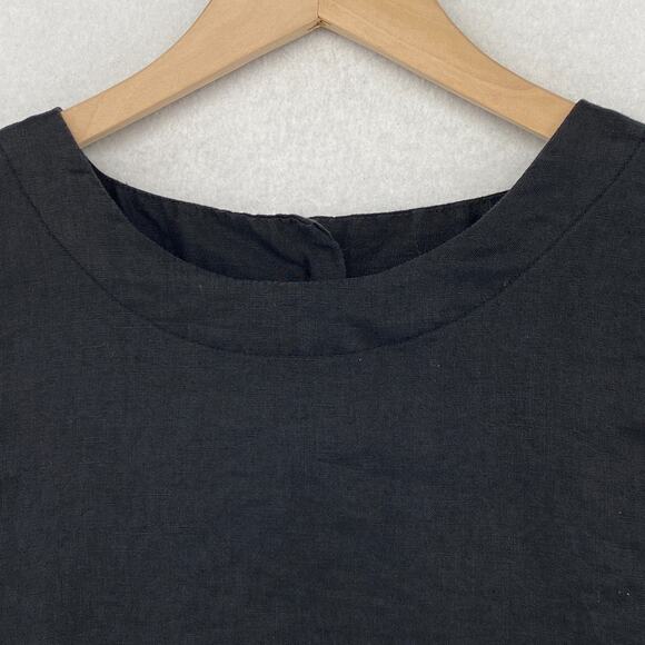 LINEN Blouse Womens M Swing Tank Top Round Neck Sleeveless Black - Picture 4 of 11